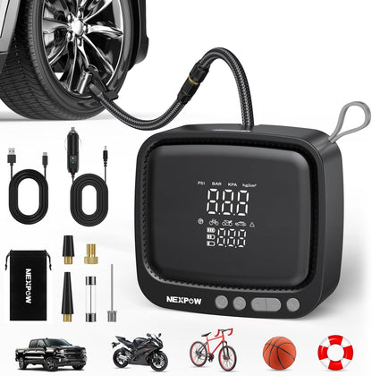 NEXPOW Tire Inflator Portable Air Compressor, 180 PSI Cordless Air Pump for Car Tires with Digital Pressure Gauge & Auto Shut-Off, Air Compressor Portable for Car, Motorcycle, Bicycle, Ball, Gray