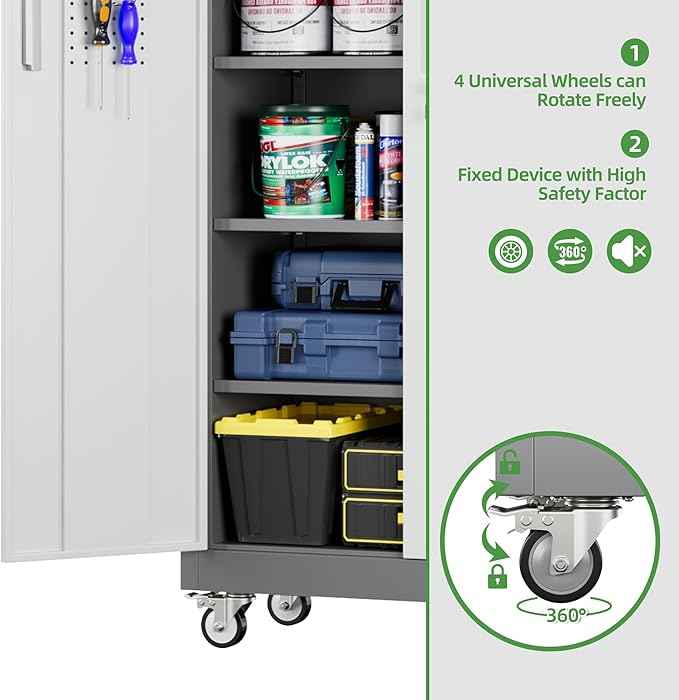 Aobabo Upgraded Garage Storage Cabinets with Wheels,Metal Storage Cabinets with 5 Adjustable Shelves for Garage Home Office Storage, Grey&White,71''H*32''W*16''D,Assembly Required
