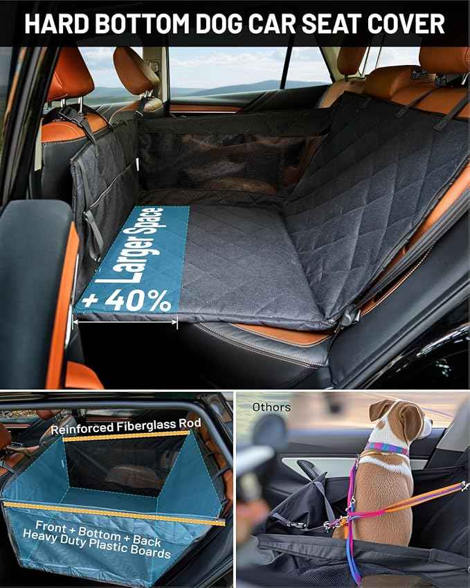 Large Dog Car Seat, Hard Bottom Back Seat Extender for Large Medium Dogs, Waterproof Dog Car Seat Cover, Non-Slip Car Hammock, Pet Seat Cover for Car/SUV/Truck(Black-L)