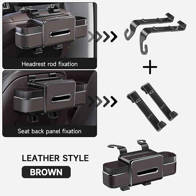 Multifunctional Car Headrest Backseat Organizer Box with Drink Cup Holder, Makeup Mirror, Tissue Box & Hooks for Car Seat Back, Upgrade Car Headrest Backseat Organizer Great for Kids and Travel(Brown)