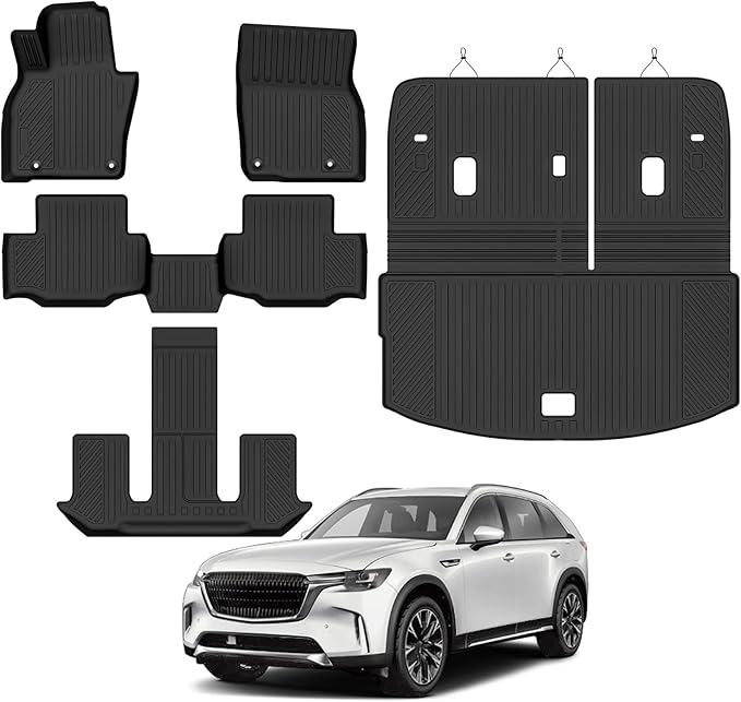 Custom Fit Floor Mats for Mazda CX90 7 Seats/Captain Seat 2024-2025 2026, All Weather TPE Floor Liners with Trunk Mat & Backrest Protectors, Odorless Full Set Interior Accessories