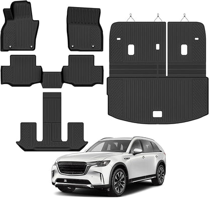 Custom Fit Floor Mats for Mazda CX90 7 Seats/Captain Seat 2024-2025 2026, All Weather TPE Floor Liners with Trunk Mat & Backrest Protectors, Odorless Full Set Interior Accessories