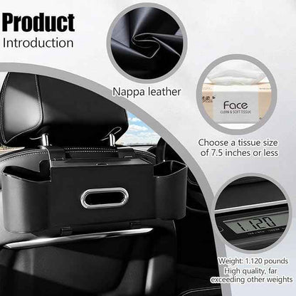 Car Backseat Organizer for Kids & Travelers - 4 in 1 Multifunctional Car Seat Back Storage with Cup Holder, Tissue Box, Snack/Handbag Holder - Nappa Leather Universal Fit for SUV/Van/Sedan (Black)