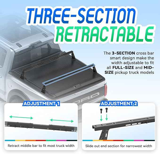 Truck Bed Adjustable Cross Bars for T-Slot Retract Cover, Wide Width Adjustment for All Pickup Trucks, 95032B