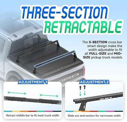Truck Bed Adjustable Cross Bars for T-Slot Retract Cover, Wide Width Adjustment for All Pickup Trucks, 95032B