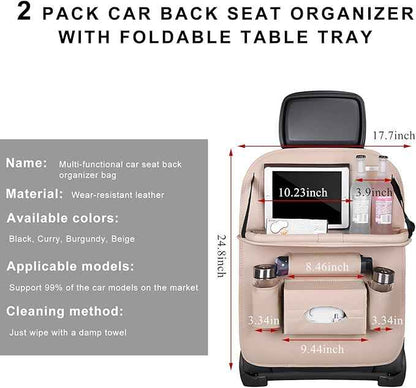 2PCS Car Backseat Organizer, Leather Multi-Pocket Seat Back Protector with Foldable Table Tray, Multifunctional Vehicle Storage Organizer Kick Mat for Kids Toddler Travel (Beige)