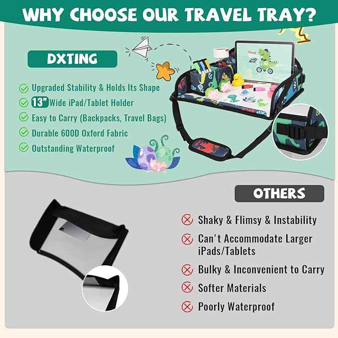 Kids Travel Tray for Airplane - Toddler Car Seat Table Tray, Road Trip Essentials for Boys & Girls, Carseat Lap Desk for Kids Road Trip Activities, Dinosaur