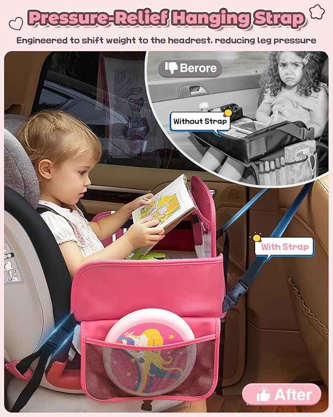 Leather Kids Travel Tray for Car - Car Seat Tray for Kids Travel, Road Trip Essentials, Carseat Table for Roadtrip Activities - Must Have Toddler Lap Desk Organizer for Airplane (Pink)