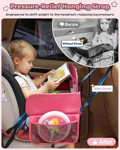 Leather Kids Travel Tray for Car - Car Seat Tray for Kids Travel, Road Trip Essentials, Carseat Table for Roadtrip Activities - Must Have Toddler Lap Desk Organizer for Airplane (Pink)