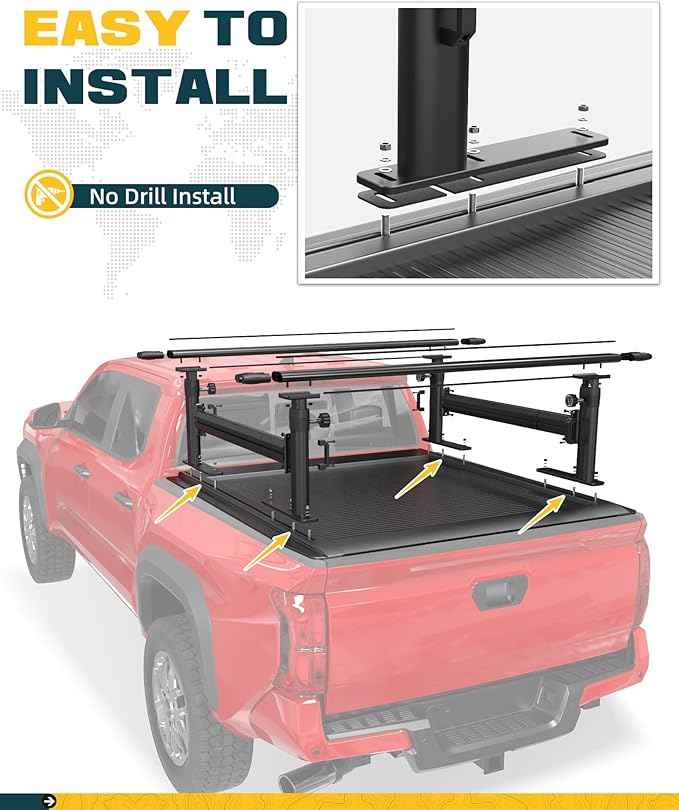 Ladder Rack for Truck with Tonneau Cover w/T-Slot Rails, 800 LBS Capacity Truck Bed Rack with Side Bars, 19"-25" Height-Adjustable Aluminum Ladder Racks, Fit for Mid Size Pickup Tacoma Gladiator