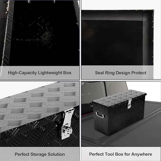 24 Inch Black Aluminum Tool Box 5 Bar Tread ToolBox for Truck Bed Car Outdoor Trailer Pickup Underbody RV ATV Storage Underbed Tools Organizer with Side Handle and Lock (24"X9.5"X12.5")