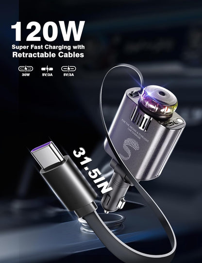 Retractable Car Charger USB C Fast Charging 120W, Car Accessories Cigarette Lighter Adapter with Aromatherapy Starlight, Car Charger iPhone16 15 14 13 12 11 Essentials Gift for Travelers, Men, Women