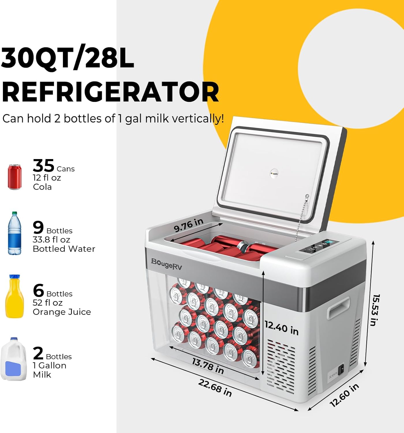 BougeRV 12 Volt Refrigerator 12V Car Fridge 30 Quart Portable Freezer Compressor Cooler -8℉~50℉ Compressor Freezer, 12/24V DC 110~240 Volt AC, for Truck RV SUV - AutoBay