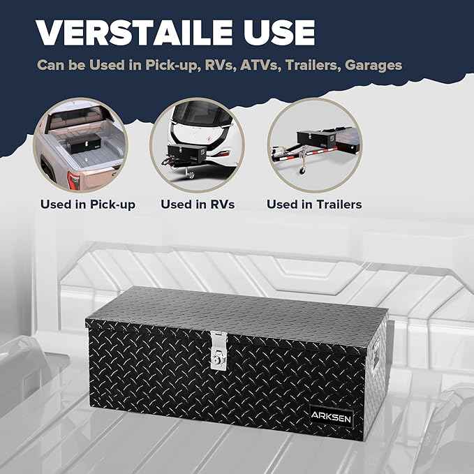 ARKSEN 30 x 13 x 10 Inch Diamond Plate Truck Bed Tool Box, Heavy Duty Waterproof Aluminum Toolboxes Storage Chest with Side Handle & Lock for Pickup Truck Bed, RV & Trailer – Black