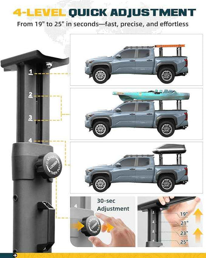 Truck Bed Rack Fit for Tacoma Gladiator Mid Size Pickups with Tonneau Cover w/T-Slot Rails, Adjustable 19"-25" Aluminum Truck Ladder Rack Fits Lumber Pipes Kayak Surfboard Bike Tent