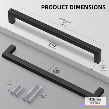 Goldenwarm 1 Pack Black Square Bar Cabinet Pull Drawer Handle Stainless Steel Modern Hardware for Kitchen and Bathroom Cabinets Cupboard,Center to Center 7-1/2in(192mm)