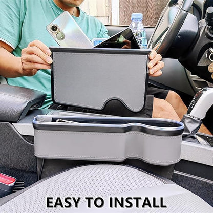 7 Color Led Car Seat Gap Organizer with 56W Type C USB Charging Multifunctional Front Seat Organizer with Cup Holder Console Organizer Seat Gap Filler with Vibe Lamp for Andriod iPhone Grey