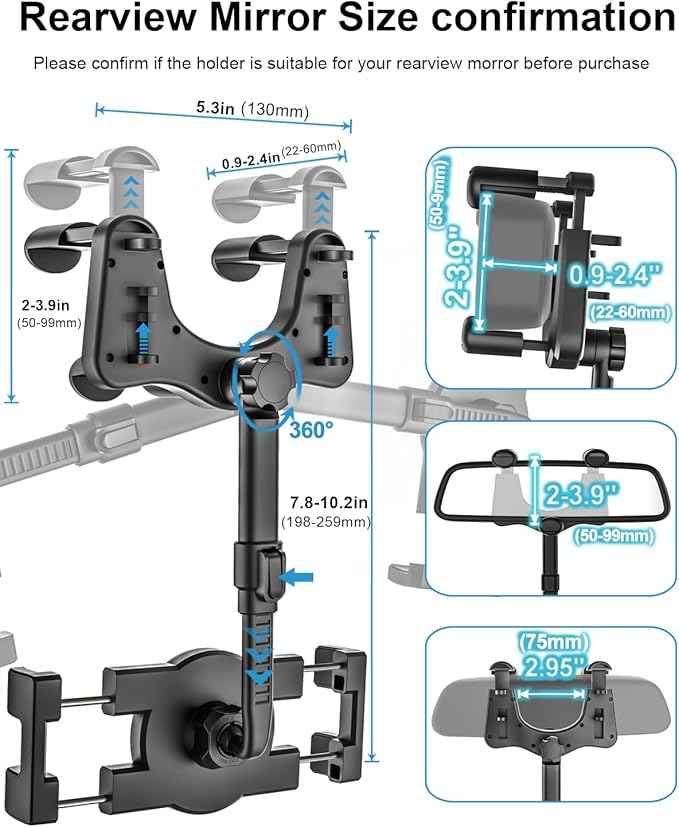 woleyi Rearview Mirror Tablet Holder for Car, Rear View Mirror Car Tablet Mount, 360° Rotatable Adjustable Universal Clip, for iPad Pro Air Mini, Galaxy Tabs, Z Fold, Fire HD, iPhone, 4.7-11" Devices