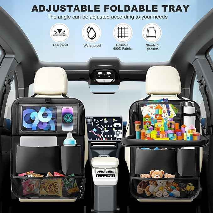 Car Backseat Organizer with Tablet Holder,6 Storage Pockets Car Storage Organizer with Foldable Food Tray,Kick Mats Backseat Protector Travel Accessories (Black)