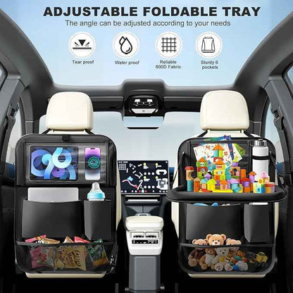 Car Backseat Organizer with Tablet Holder,6 Storage Pockets Car Storage Organizer with Foldable Food Tray,Kick Mats Backseat Protector Travel Accessories (Black)