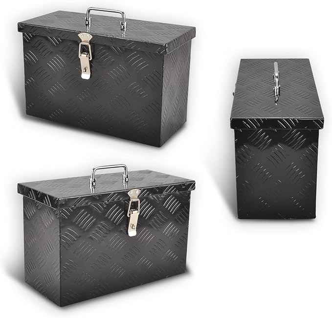 16 Inch Black Aluminum Tool Box 5 Bar Tread ToolBox for Truck Bed Car Outdoor Trailer Pickup Underbody RV ATV Storage Underbed Tools Organizer with Top Side Handle and Lock (16"X7.5"X10")