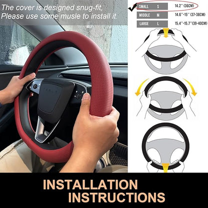 PINCTROT Nappa Leather Steering Wheel Cover for Tesla Model Y/3 Highland/Juniper, D Shaped 14 Inch Small Sized with Breathable Perforation, Fit Like Gloves, Flat Bottom 14 Inch(Nappa Rust Red)
