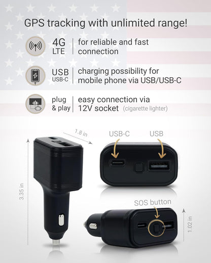 PAJ GPS USB GPS Tracker 4G – Mini Vehicle Tracker for Cars & Trucks – Direct 12V Connection via Cigarette Lighter Port, Built-in SOS Button – Worldwide Real-Time Tracking via App