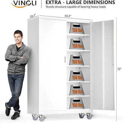 VINGLI Large Metal Storage Cabinet with 2 Doors and 5 Adjustable Shelves, Upgraded Height & Wide & Deep, 43''W x 20''D x 72''H, Oversized Garage Storage Cabinet with Wheels and Locks (White)