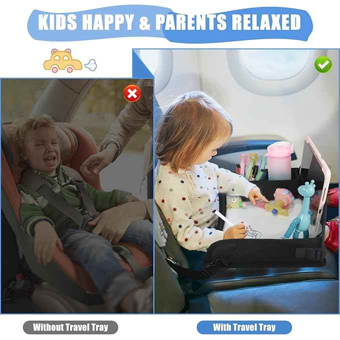 Upgraded Kids Travel Tray for Airplane - Toddler Car Seat Table Tray, Road Trip Essentials for Boys & Girls, Carseat Lap Desk for Kids Road Trip Activities, Black - 2 PCS