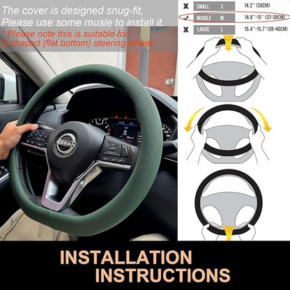PINCTROT D Shaped Nappa Leather Steering Wheel Cover, Slim Fit No Bulk Design, One Piece Leather with Breathable Perforation, Fit Like Gloves, Flat Bottom 14.5-15 Inch(Nappa Green)