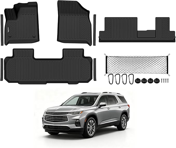 Tongama-Floor Mats for 2018-2023 Chevy Traverse/Buick Enclave 8 Seat with Bench Seats, All Weather TPE Floor Liner & Cargo Net & Door Sill Guards for Traverse/Enclave Accessories