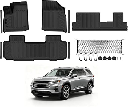 Tongama-Floor Mats for 2018-2023 Chevy Traverse/Buick Enclave 8 Seat with Bench Seats, All Weather TPE Floor Liner & Cargo Net & Door Sill Guards for Traverse/Enclave Accessories