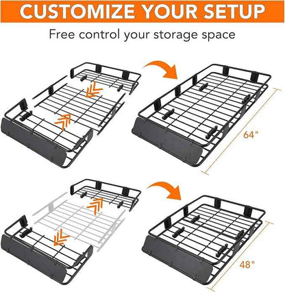 Heavy Duty Roof Rack Basket 64" x 39" - Adjustable Rooftop Cargo Carrier for SUV/Truck/Van w/Waterproof Bag, 200LB Capacity Universal Steel Roof Basket