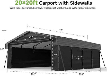 20x20FT Heavy Duty Metal Carport,Outdoor Garage with Removable Sidewalls & Doors, Heavy Duty Steel Frame and Galvanized Roof for Cars and Boats, Gray