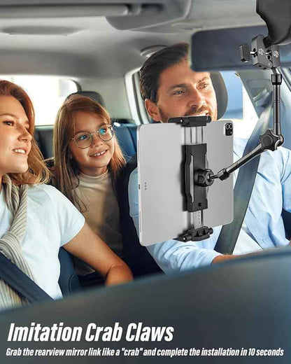 woleyi Car Rearview Mirror Tablet Holder Clip - [Metal Arm] Rear View Mirror Tablet Mount for Car Accessories with 360 Rotatable and Retractable for iPad Pro 13 Air Mini, Galaxy, Fire, 6-15.6" Devices