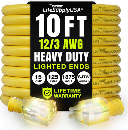 10ft Outdoor/Indoor Extension Cord 12/3 Gauge Extra Heavy Duty 3 Prong SJTW, Waterproof, Flexible Cold-Resistant Long Power Cord,15A 125V 1875W, Yellow by LifeSupplyUSA