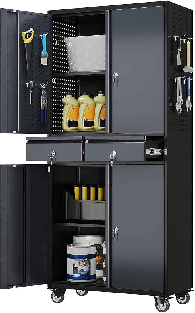 Aobabo Garage Storage Cabinet with 2 Drawers, Metal Storage Cabinet with Wheels for Garage Home,Assembly Required,Black&Dark Grey