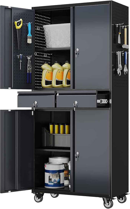 Aobabo Garage Storage Cabinet with 2 Drawers, Metal Storage Cabinet with Wheels for Garage Home,Assembly Required,Black&Dark Grey