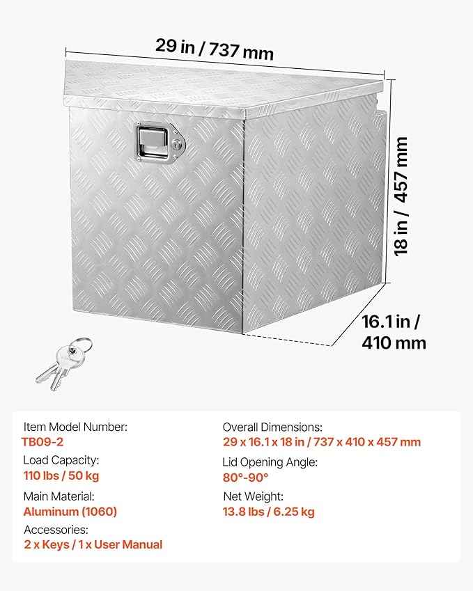 VEVOR Trailer Tongue Box, Heavy Duty Trailer Tongue Tool Box Storage Organizer with Lock & Keys, Utility Tool Chest for Pickup Truck Bed, RV, SUV, Off-Road Vehicle, Aluminum, 29" x 16.1" x 18", Silver