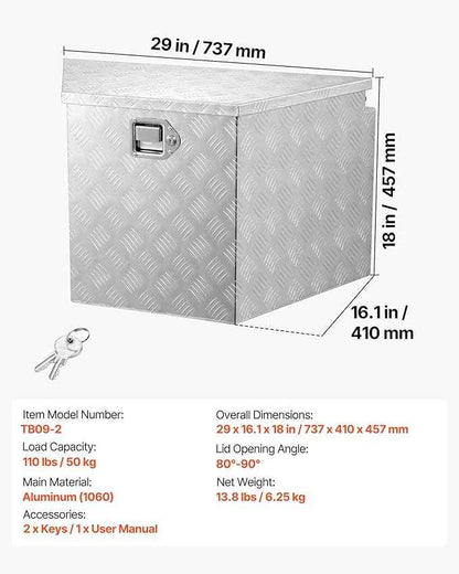 VEVOR Trailer Tongue Box, Heavy Duty Trailer Tongue Tool Box Storage Organizer with Lock & Keys, Utility Tool Chest for Pickup Truck Bed, RV, SUV, Off-Road Vehicle, Aluminum, 29" x 16.1" x 18", Silver
