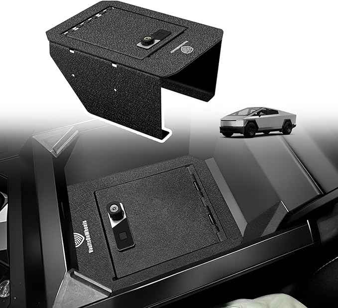 VaultsOnWheels for 2025 2024 Tesla Cybertruck Center Console Storage Vault Hidden Console Storage Interior Vault LockBox Anti-Theft Biometric Fingerprint Lock