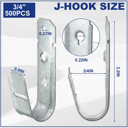 Gisafai 500 Pcs Cable Support J-Hook, 3/4 Inch Metal Garage Hooks for Hanging, Heavy Duty Network for Cable and Wire Management Wall Attaching J Utility, G60 Galvanized Steel, Silver