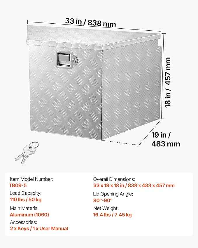 VEVOR Trailer Tongue Box, Heavy Duty Trailer Tongue Tool Box Storage Organizer with Lock & Keys, Utility Tool Chest for Pickup Truck Bed, RV, SUV, Off-Road Vehicle, Aluminum, 33" x 19" x 18", Silver