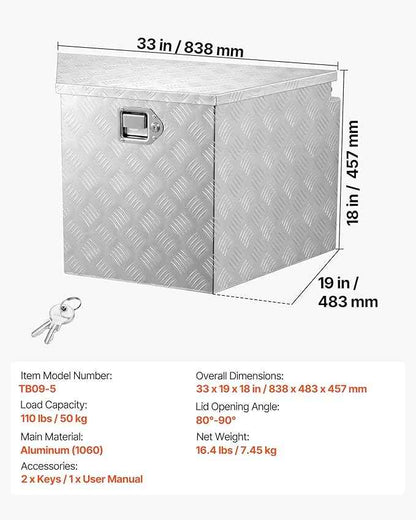 VEVOR Trailer Tongue Box, Heavy Duty Trailer Tongue Tool Box Storage Organizer with Lock & Keys, Utility Tool Chest for Pickup Truck Bed, RV, SUV, Off-Road Vehicle, Aluminum, 33" x 19" x 18", Silver