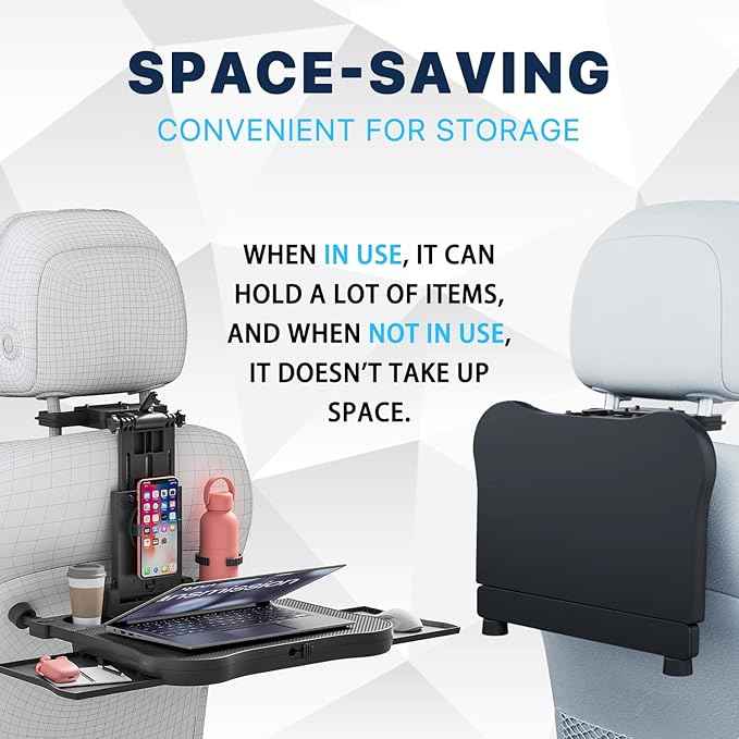 Car Back Seat Tray Table, Stable Foldable Auto Backseat Food Trays Desk for Rear Passenger Road Trip Eating & Work, Multifunctional Adjustable Travel Tray with Phone Drink Holder for Laptop iPad