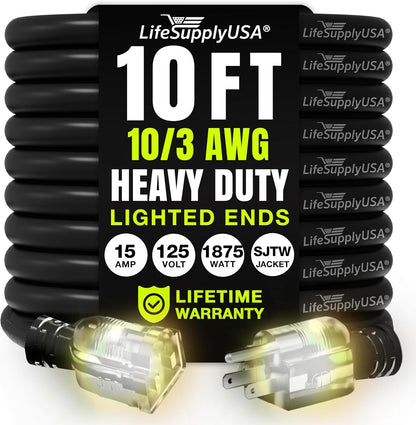 10ft Outdoor/Indoor Extension Cord 10/3 Gauge Ultra Heavy Duty 3 Prong SJTW, Waterproof, Flexible Cold-Resistant Long Power Cord,15A 125V 1875W, Black by LifeSupplyUSA