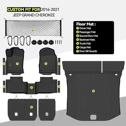 Tongama-Floor Mats for 2016-2021 Jeep Grand Cherokee & 2022 WK(Not for L), All Weather TPE Trunk Mat and Backrest Mats and Cargo Net and Door Sill Guards for Jeep Grand Cherokee Accessories