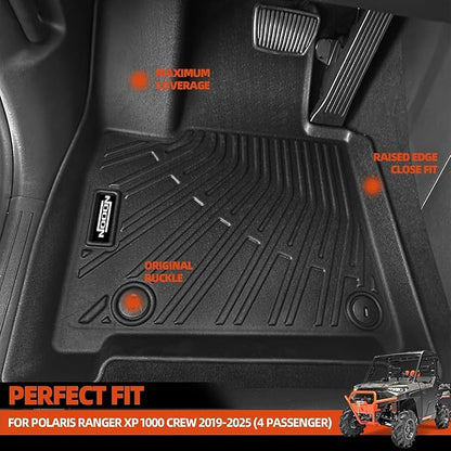 Custom Fit Floor Mats for Polaris Ranger Crew XP 1000 2019-2025, All Weather TPE Floor Liners with Trunk Mat, Odorless Full Set Interior Accessories