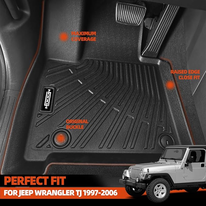 Custom Fit Floor Mats for Jeep Wrangler TJ Floor Mats 1997-2006, All Weather TPE Floor Liners, Odorless Full Set Interior Accessories
