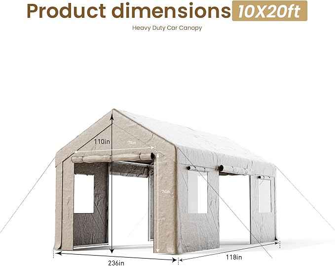 COSIEST 10'×20' Storage Shelter Outdoor Gable Roof Carport with Removable Side Walls, Heavy-Duty Garage Canopy Weatherproof PE Cover, Multi-Purpose Vehicle/Tractor Shed for Backyard/Driveway/Farm
